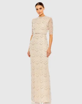 Beaded Fringe Quarter Sleeve Column Gown